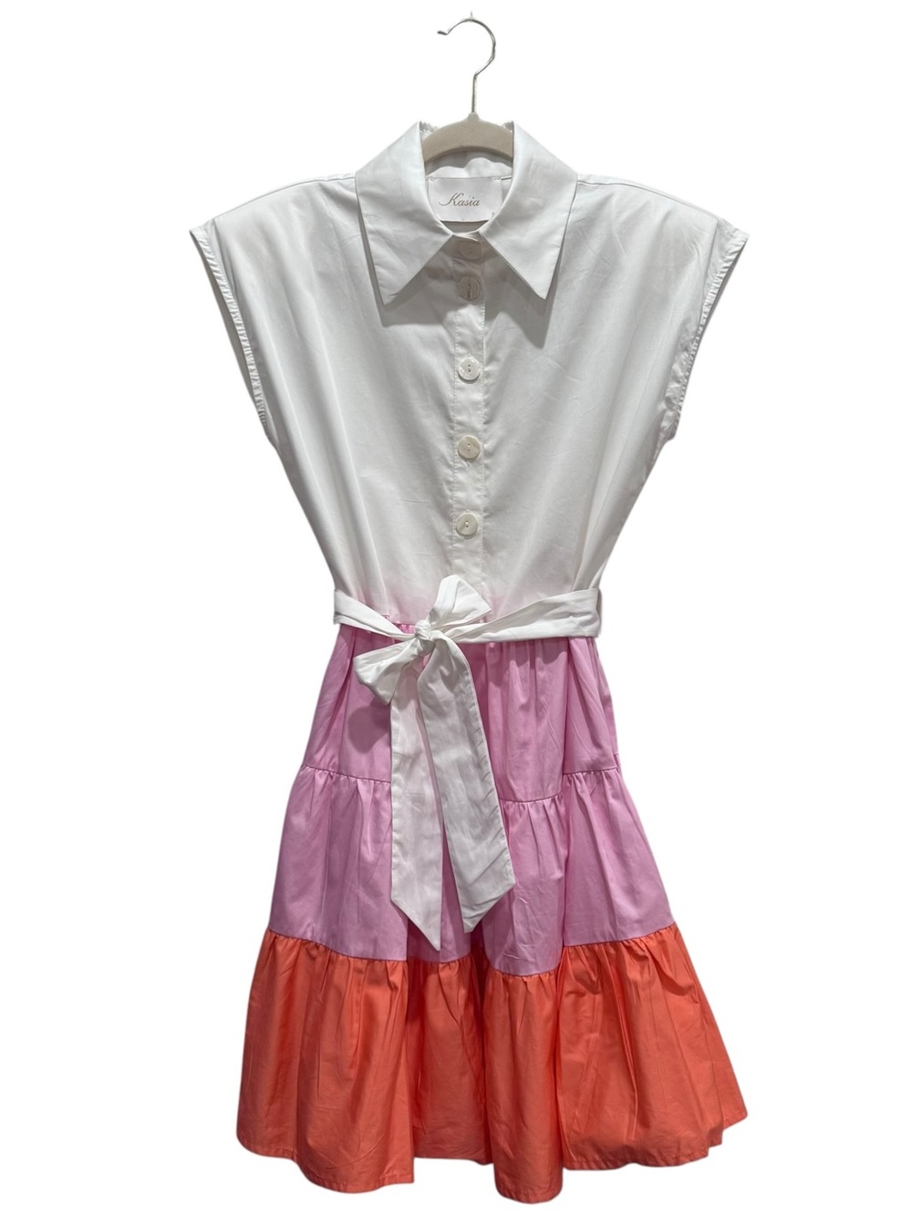 Kasia Colorblock Belted Mini Dress Cotton Boho Summer Resort White Orange Pink S